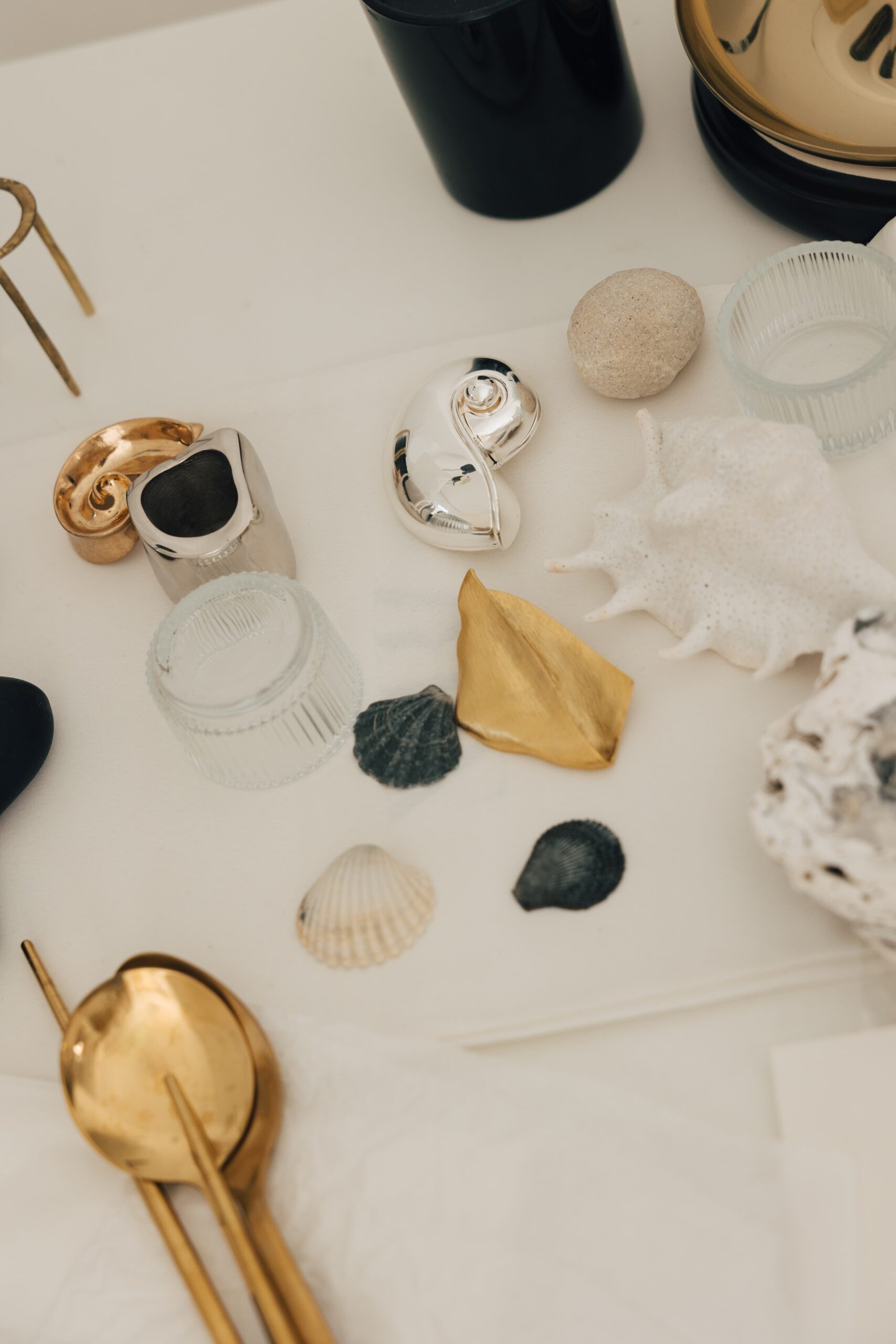 Styled flatlay of shells and gold and silver objects